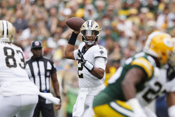 Sept. 24, 2023; New Orleans Saints quarterback Jameis Winston (2) throws a pass against the Green Bay Packers. Mandatory Credit: Jeff Hanisch-USA TODAY